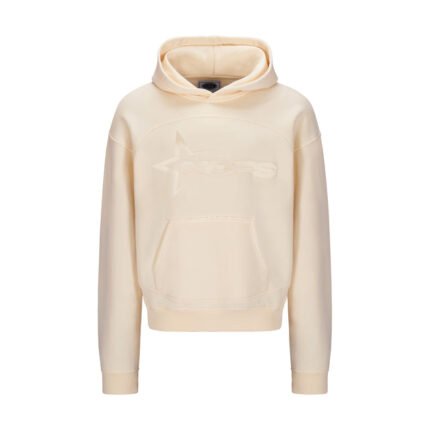 None Of Us Crèmekleurige hoodie met minimalistisch design en subtiel logo, weergegeven op een hanger