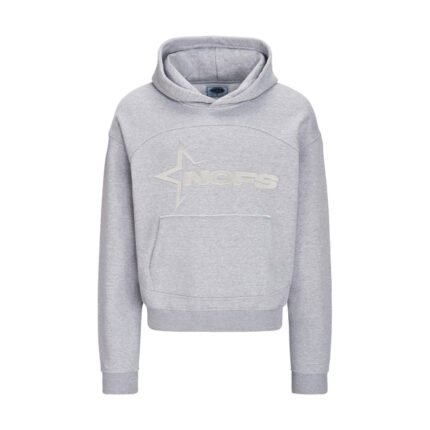 None Of Us Grey Hoodie with minimalist design and subtle logo, displayed on a hanger