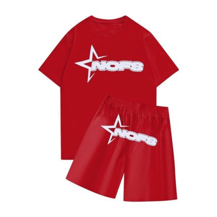 Nofs Red Two-Piece Tracksuit is a stylish activewear set featuring a red t-shirt and matching shorts