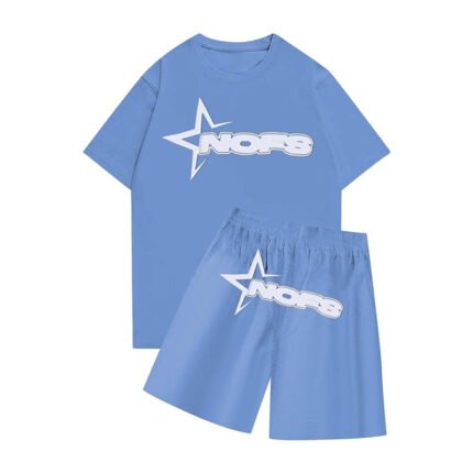 Nofs Sky Blue Summer Set: Chic sky blue t-shirt and shorts ensemble for effortless summer style.