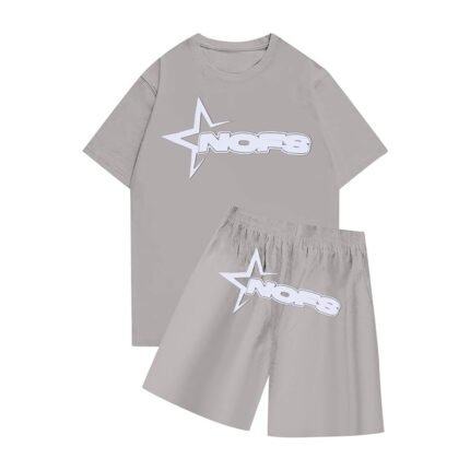 None Of Us Gray Tracksuit: Stylish gray t-shirt and shorts ensemble for casual comfort and urban flair.